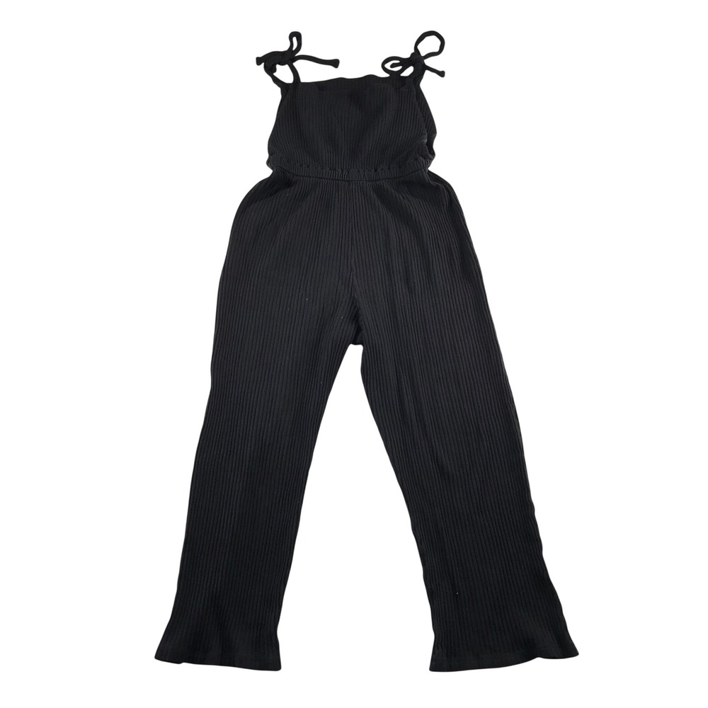 Baserange Otay Jumpsuit Black Organic Cotton Ribbed Tie Strap Wide Leg Medium